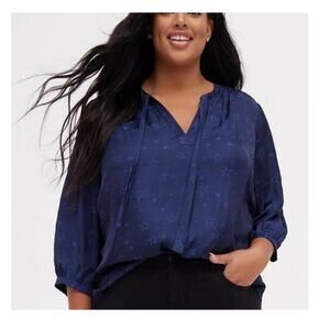 NWT Torrid Long Sleeve Star Jacquard Peasant Top Blouse 2X 18-20 New Navy Blue